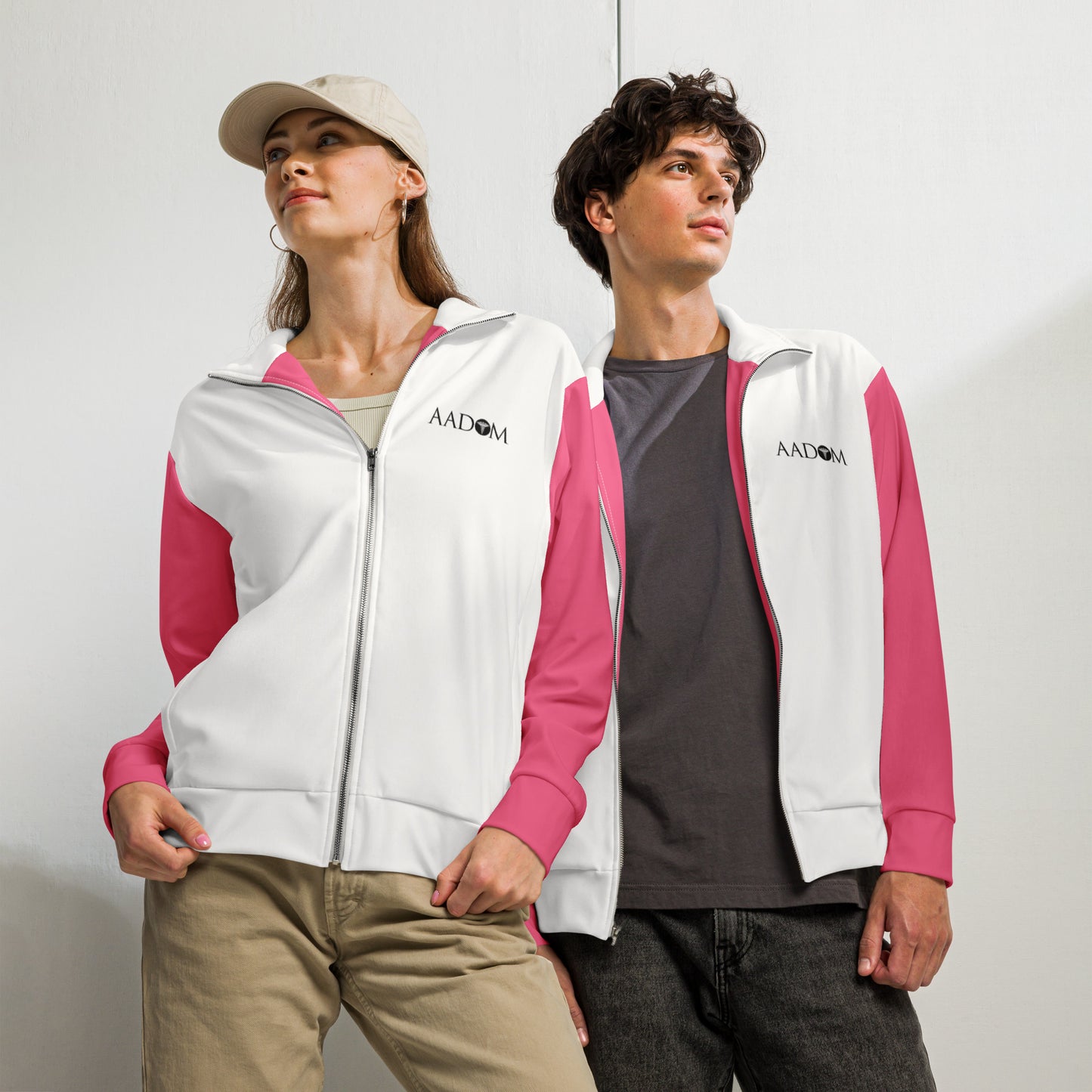 Unisex Track Jacket - Black Logo (White with Bright Pink)