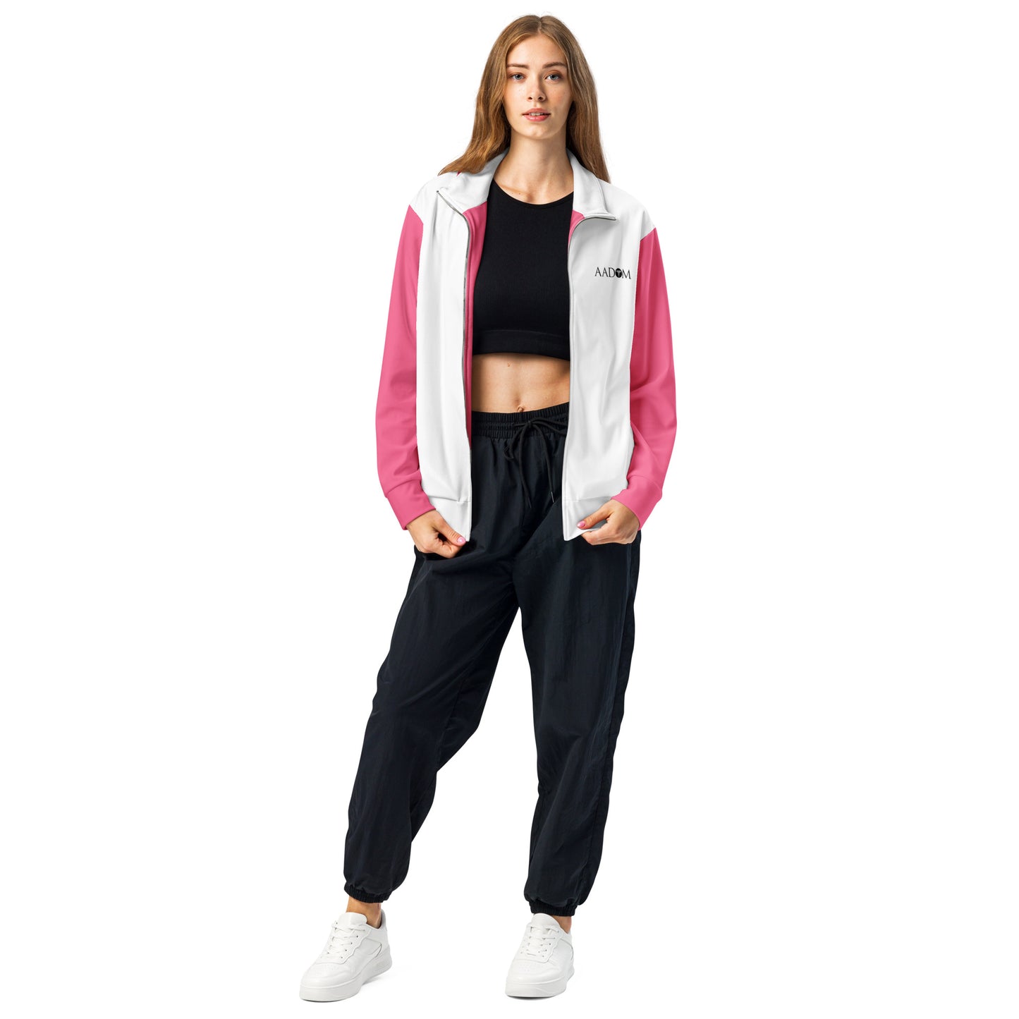 Unisex Track Jacket - Black Logo (White with Bright Pink)