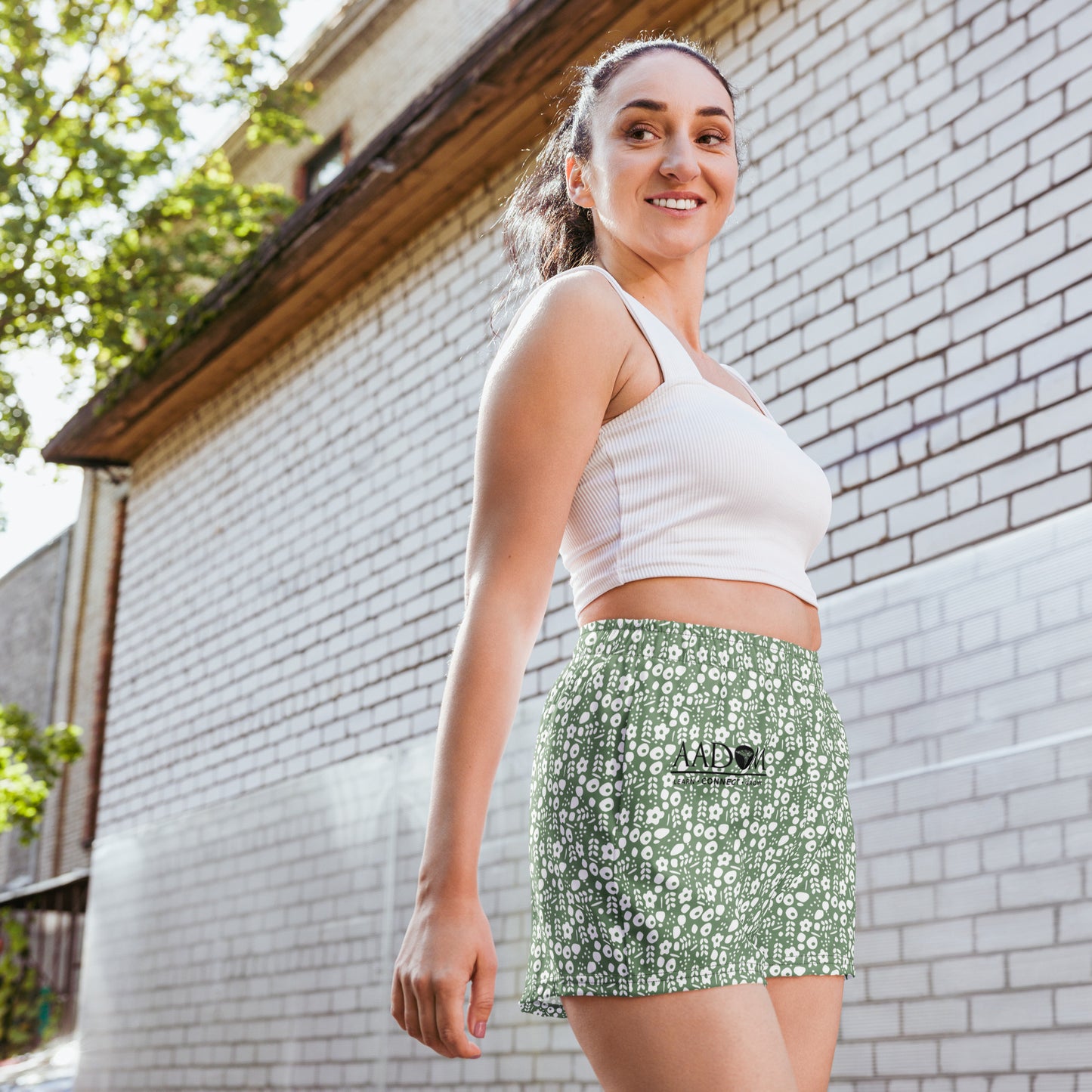 All-Over Print Unisex Athletic Shorts - AADOM Logo (Green & White Flowers)