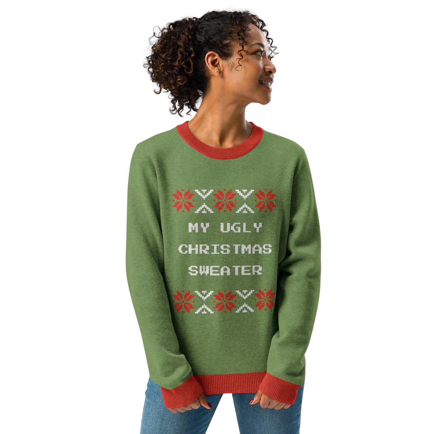 Knitted Crew Neck Sweater - Ugly Christmas Sweater (Green & Red)