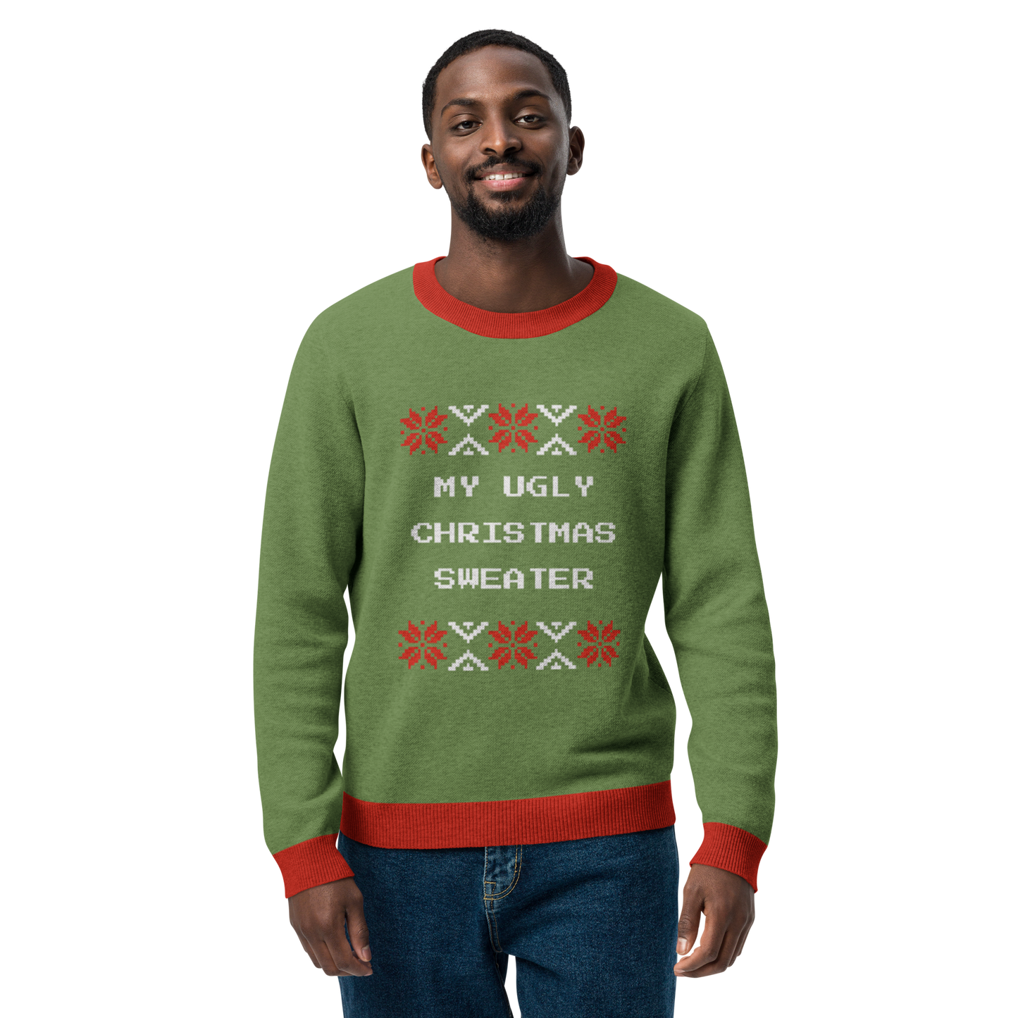 Knitted Crew Neck Sweater - Ugly Christmas Sweater (Green & Red)