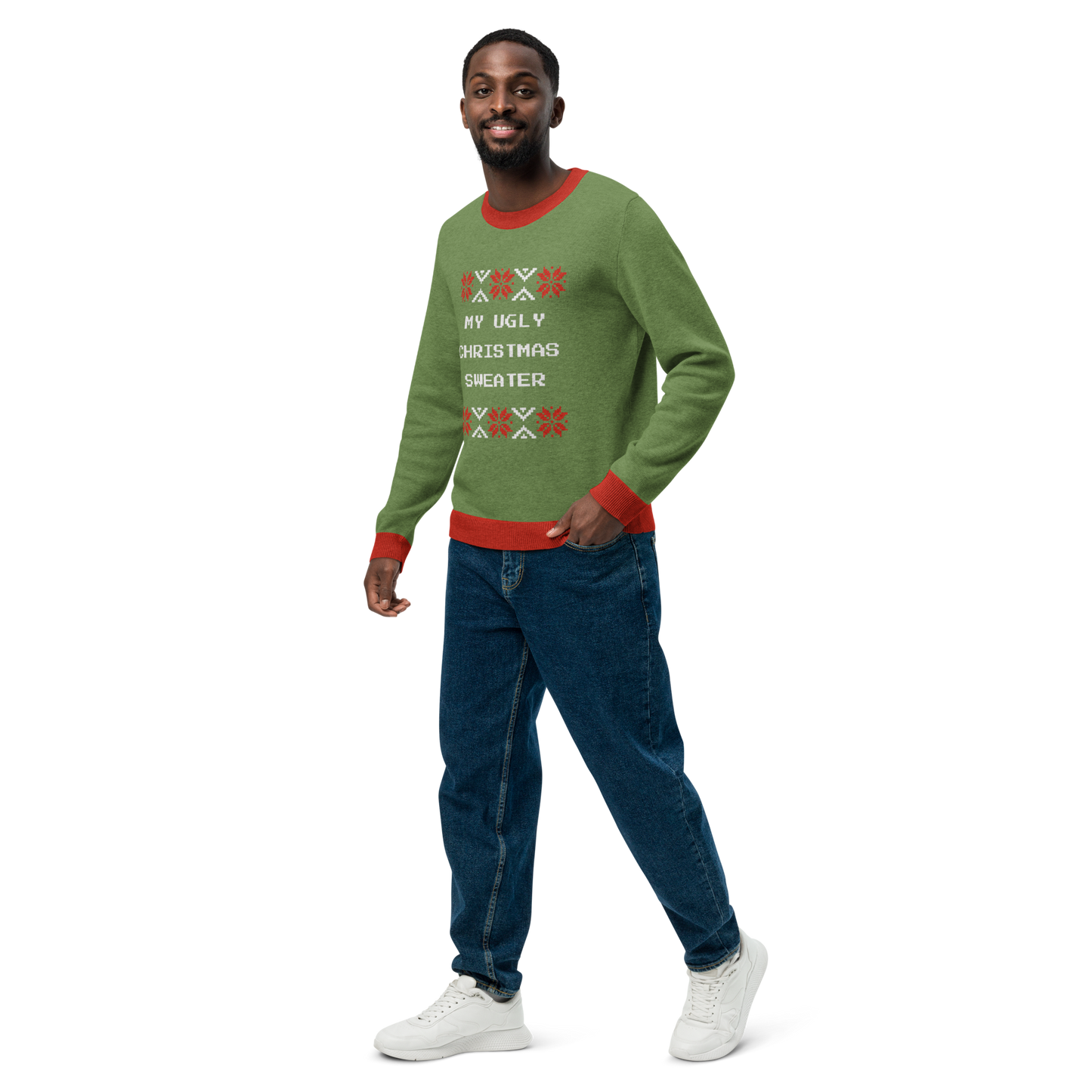 Knitted Crew Neck Sweater - Ugly Christmas Sweater (Green & Red)