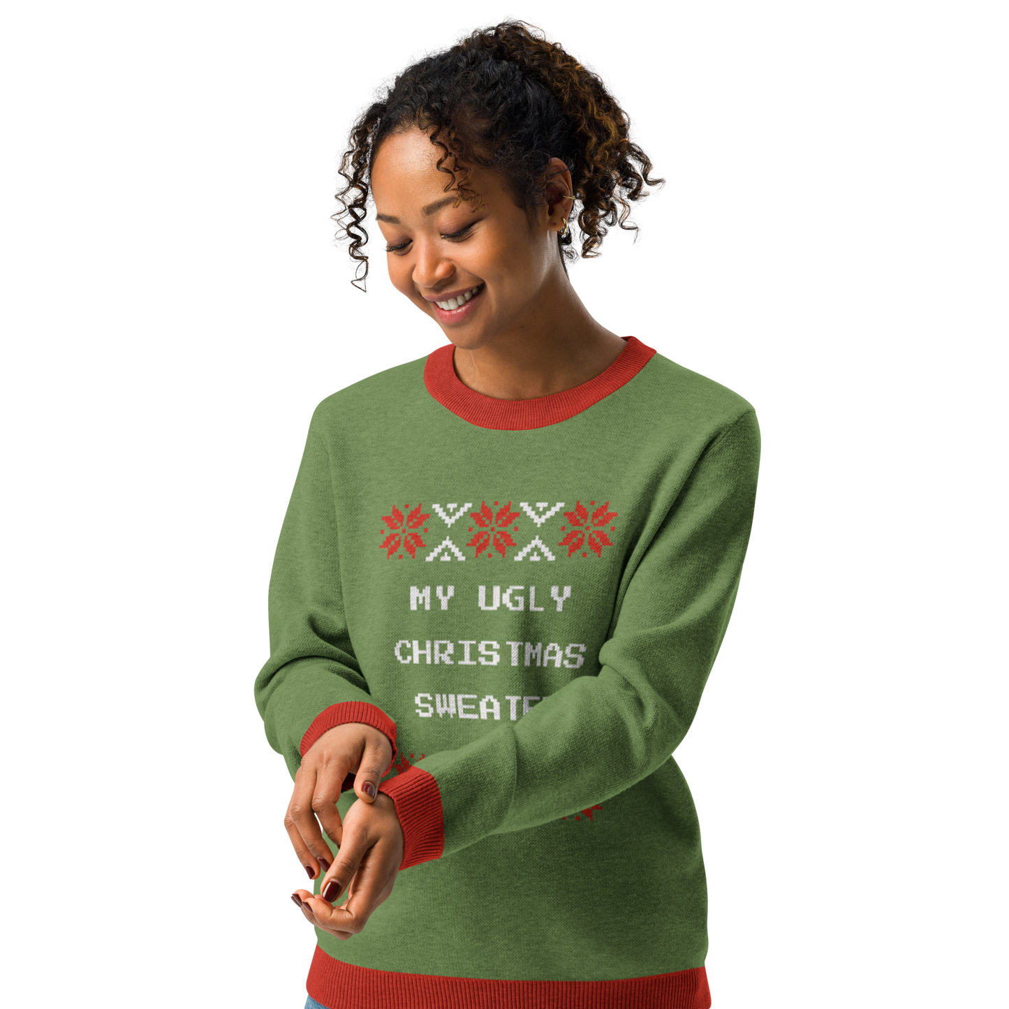 Knitted Crew Neck Sweater - Ugly Christmas Sweater (Green & Red)