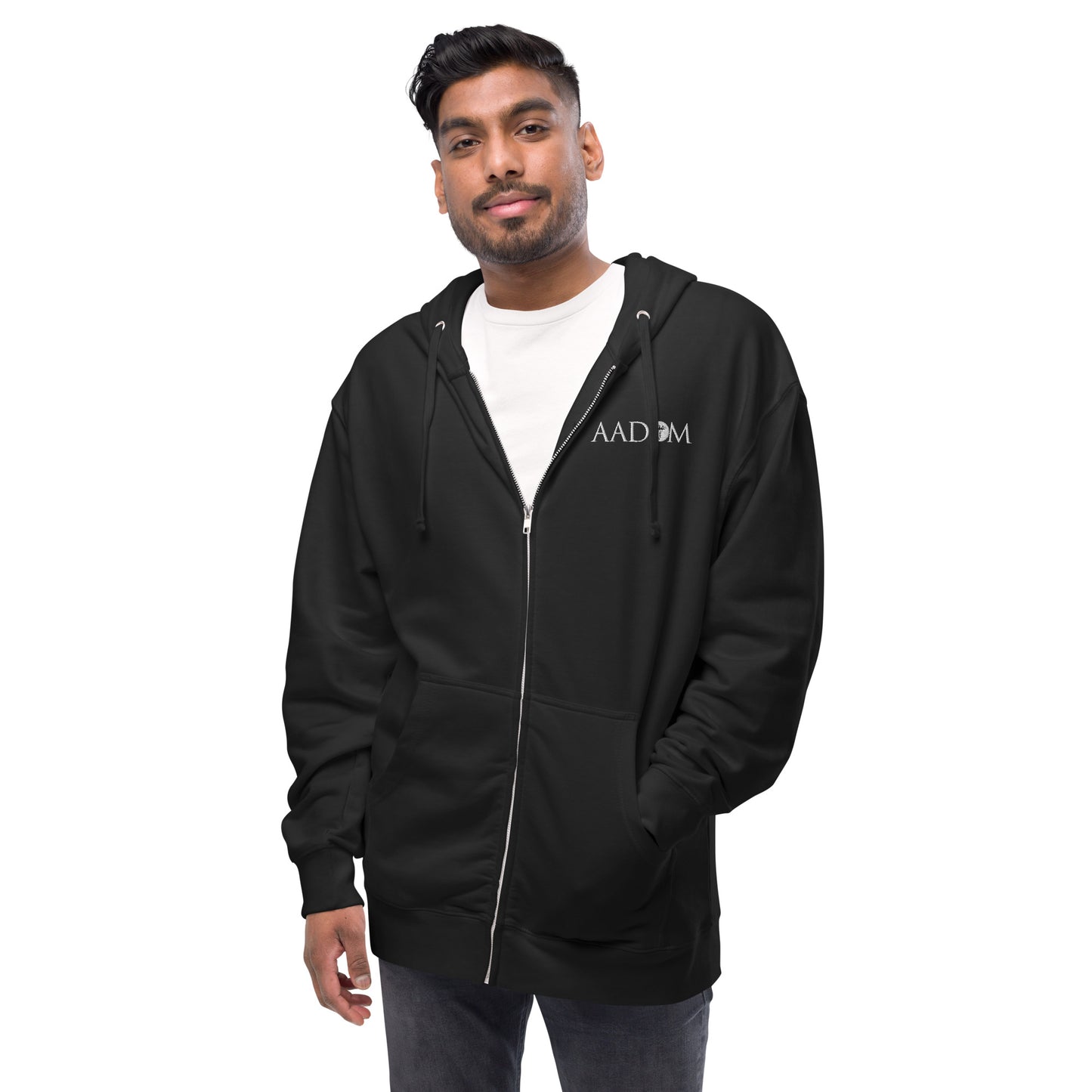 Unisex Fleece Zip Up Hoodie - Embroidered White Logo