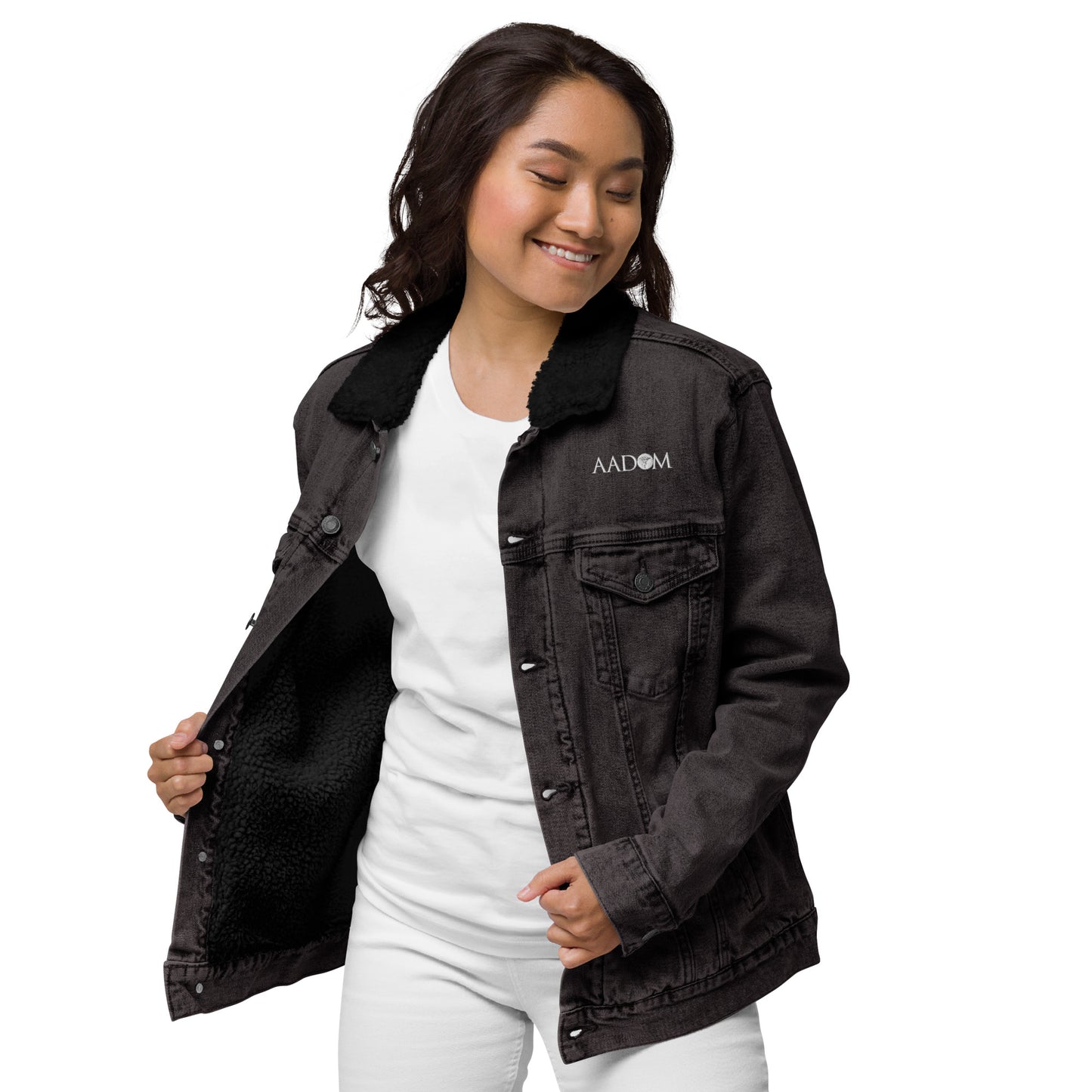 Unisex Denim Sherpa Jacket - Embroidered White Logo