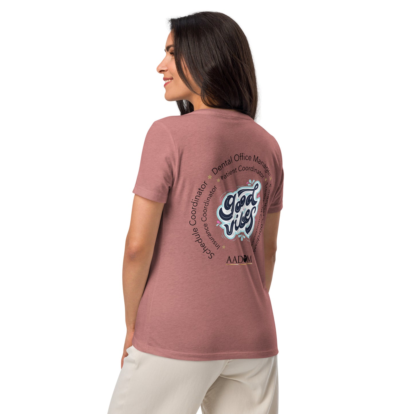 Women’s Relaxed V-Neck T-Shirt - Women's Relaxed T-Shirt - White Logo with Good Vibes (Back)